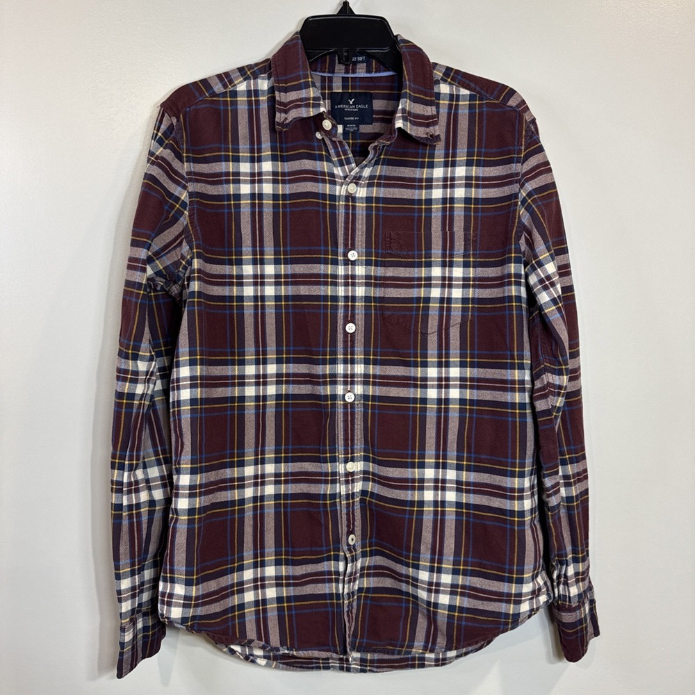 American Eagle Outfitters Classic Fit Plaid Flannel Shirt Mens Med Burgundy